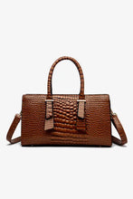 Brown textured PU leather handbag with alligator embossing and detachable strap