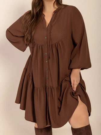 Brown Tiered Button Down Mini Dress Brown