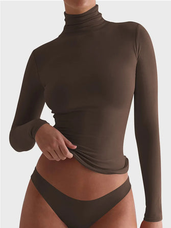 Brown Turtleneck Long Sleeve Top and Thong Set Chocolate