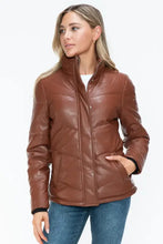 Brown Turtleneck Puffer Jacket with Pocketed Zip Faux Leather Woman Outerwear