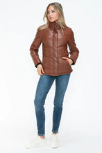 Brown Turtleneck Puffer Jacket with Pocketed Zip Faux Leather Woman Outerwear