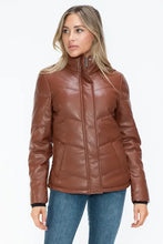 Brown Turtleneck Puffer Jacket with Pocketed Zip Faux Leather Woman Outerwear