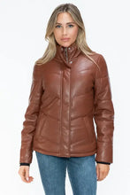Brown Turtleneck Puffer Jacket with Pocketed Zip Faux Leather Woman Outerwear