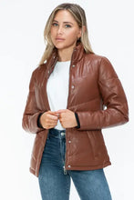 Brown Turtleneck Puffer Jacket with Pocketed Zip Faux Leather Woman Outerwear