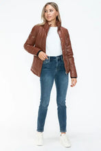 Brown Turtleneck Puffer Jacket with Pocketed Zip Faux Leather Woman Outerwear