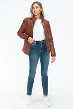 Brown Turtleneck Puffer Jacket with Pocketed Zip Faux Leather Woman Outerwear