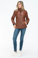 Brown Turtleneck Puffer Jacket with Pocketed Zip Faux Leather Woman Outerwear