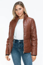 Brown Turtleneck Puffer Jacket with Pocketed Zip Faux Leather Woman Outerwear