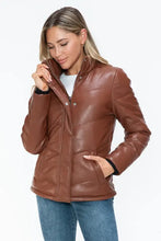 Brown Turtleneck Puffer Jacket with Pocketed Zip Faux Leather Woman Outerwear