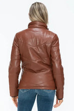 Brown Turtleneck Puffer Jacket with Pocketed Zip Faux Leather Woman Outerwear