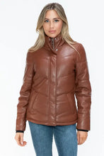 Brown Turtleneck Puffer Jacket with Pocketed Zip Faux Leather Woman Outerwear