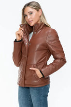 Brown Turtleneck Puffer Jacket with Pocketed Zip Faux Leather Woman Outerwear