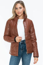 Brown Turtleneck Puffer Jacket with Pocketed Zip Faux Leather Woman Outerwear