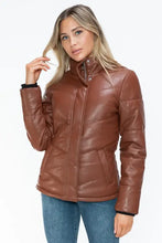 Brown Turtleneck Puffer Jacket with Pocketed Zip Faux Leather Woman Outerwear