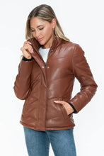 Brown Turtleneck Puffer Jacket with Pocketed Zip Faux Leather Woman Outerwear