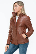 Brown Turtleneck Puffer Jacket with Pocketed Zip Faux Leather Woman Outerwear