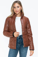 Brown Turtleneck Puffer Jacket with Pocketed Zip Faux Leather
