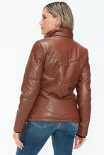 Brown Turtleneck Puffer Jacket with Pocketed Zip Faux Leather Woman Outerwear
