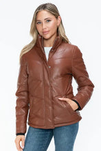 Brown Turtleneck Puffer Jacket with Pocketed Zip Faux Leather Woman Outerwear