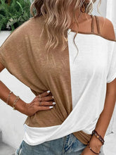 Brown Two-Tone One Shoulder Twisted Front T Shirt White