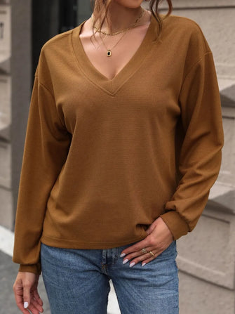 Brown V-Neck Long Sleeve Waffle Knit Shirt for Women Caramel