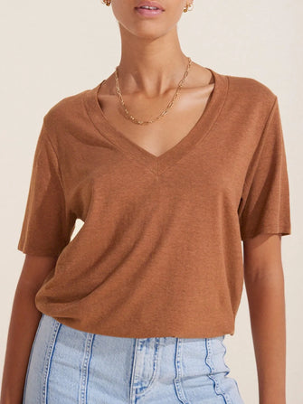 Brown V-Neck Short Sleeve Cotton Blend Womens T-Shirt Caramel