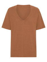 Brown V-Neck Short Sleeve Cotton Blend Womens T-Shirt