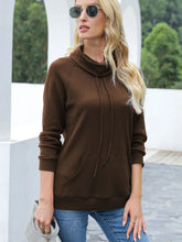 Brown Waffle Knit Cowl Neck Sweatshirt with Drawstring and Pockets