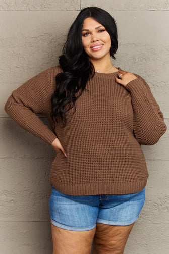 Brown Waffle Knit Sweater with Round Neck and Long Sleeves Brown