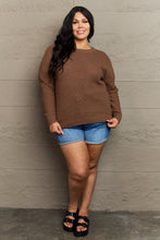 Brown Waffle Knit Sweater with Round Neck and Long Sleeves
