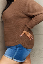 Brown Waffle Knit Sweater with Round Neck and Long Sleeves