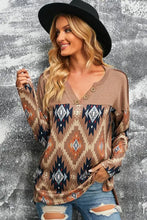 Brown western print buttoned V-neck top with long sleeves