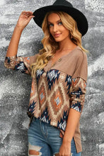 Brown Western Print Buttoned V Neck Top Woman T Shirts