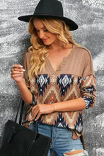 Brown Western Print Buttoned V Neck Top Woman T Shirts