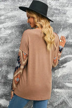 Brown western print buttoned V-neck top with long-sleeve patterned sleeves