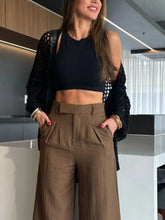 Brown High-Waisted Wide-Leg Trousers with Black Knit Cardigan Cover-Up
