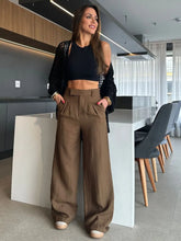 Brown High-Waisted Wide-Leg Trousers with Black Knit Cardigan Cover-Up