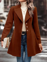 Brown wool coat with double-breasted design, button closure, notched lapels, and belt detail