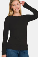 Black brushed microfiber long sleeve round neck t-shirt for women