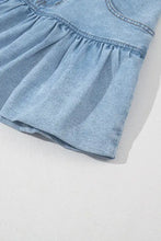 Light blue denim mini skirt with bubble hem ruffle and stitched detailing in a casual denim mini style
