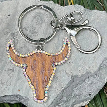 Bull shape key chain with turquoise rhinestone accents