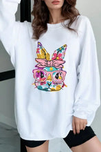Long sleeve sweatshirt with bunny graphic, white rabbit and colorful glasses, machine wash cold cotton