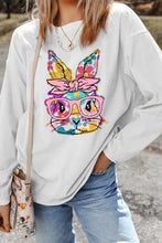 White long-sleeve sweatshirt with colorful bunny graphic, machine wash cold