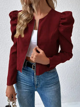 Burgundy cropped jacket with ruffled sleeves and zipper closure