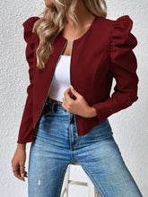 Burgundy cropped jacket with ruffled sleeves and zipper closure