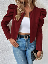Burgundy cropped jacket with ruffled sleeves and zipper closure