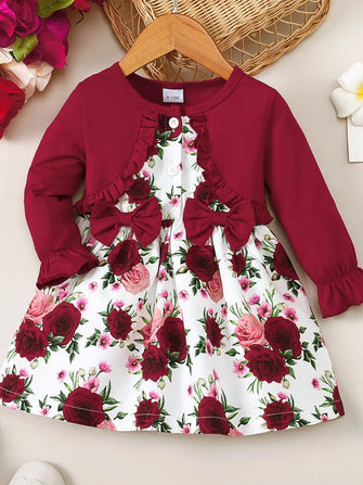 Burgundy Floral Baby Dress with Bow Deep Red