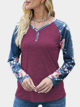 Burgundy Floral Long Sleeve Raglan Shirt for Women Burgundy