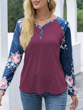Burgundy Floral Long Sleeve Raglan Shirt for Women