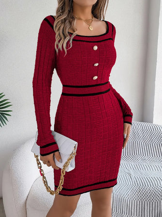 Burgundy Knit Sweater Dress with Black Trim for Women Burgundy